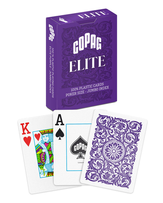 Copag Elite purple front shows premium plastic with smooth shuffling.