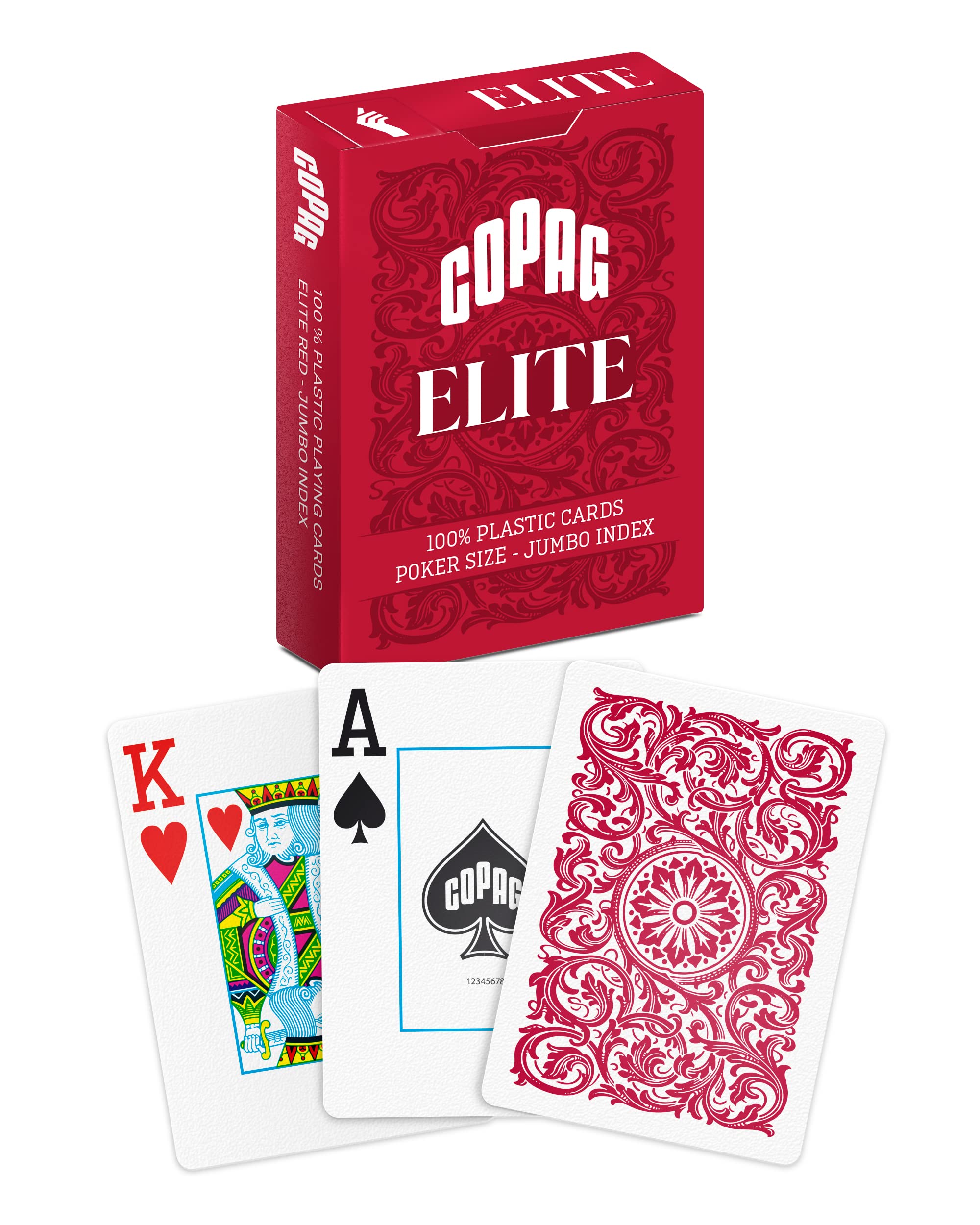Copag Elite plastic playing cards with red back poker size for smooth play.