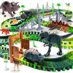Coroiesty dinosaur race track bridge glows for evening play.