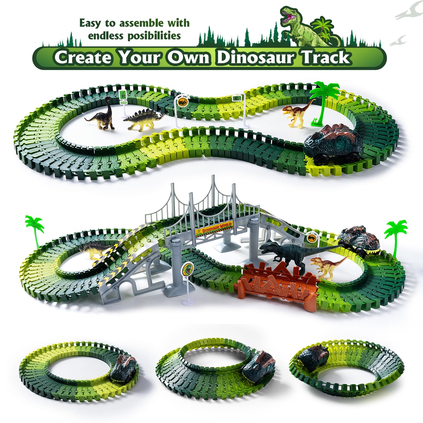 Coroiesty track signs and trees add scenery for dinosaur adventures.