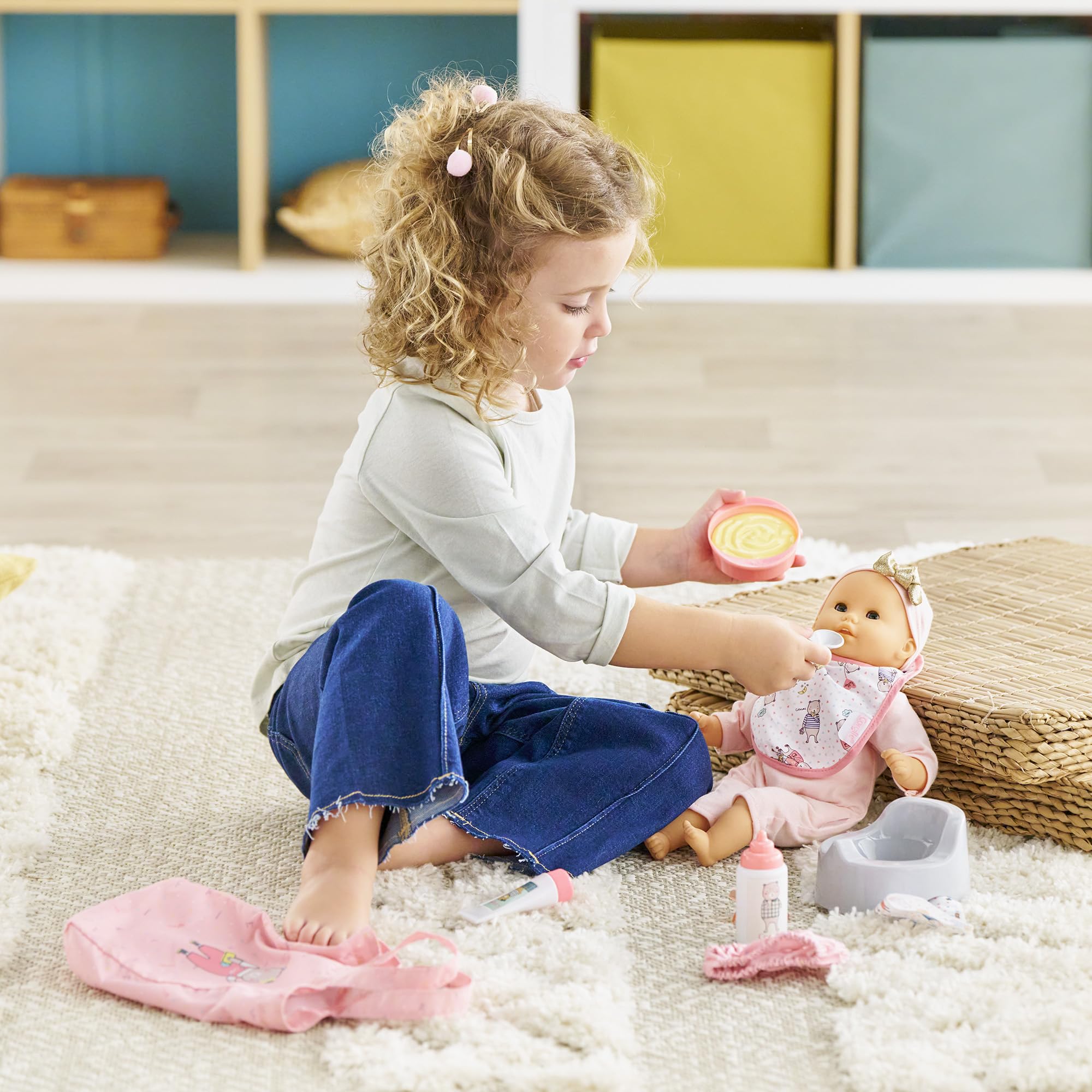 Corolle baby doll care bottle feeding, realistic accessories to nurture pretend meals.