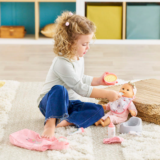 Corolle baby doll care bottle feeding, realistic accessories to nurture pretend meals.