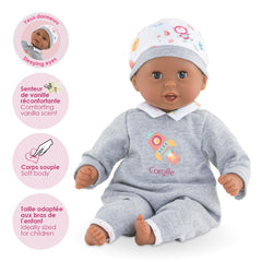 Corolle Bebe Calin Marius in grey onesie for cozy nurturing moments.