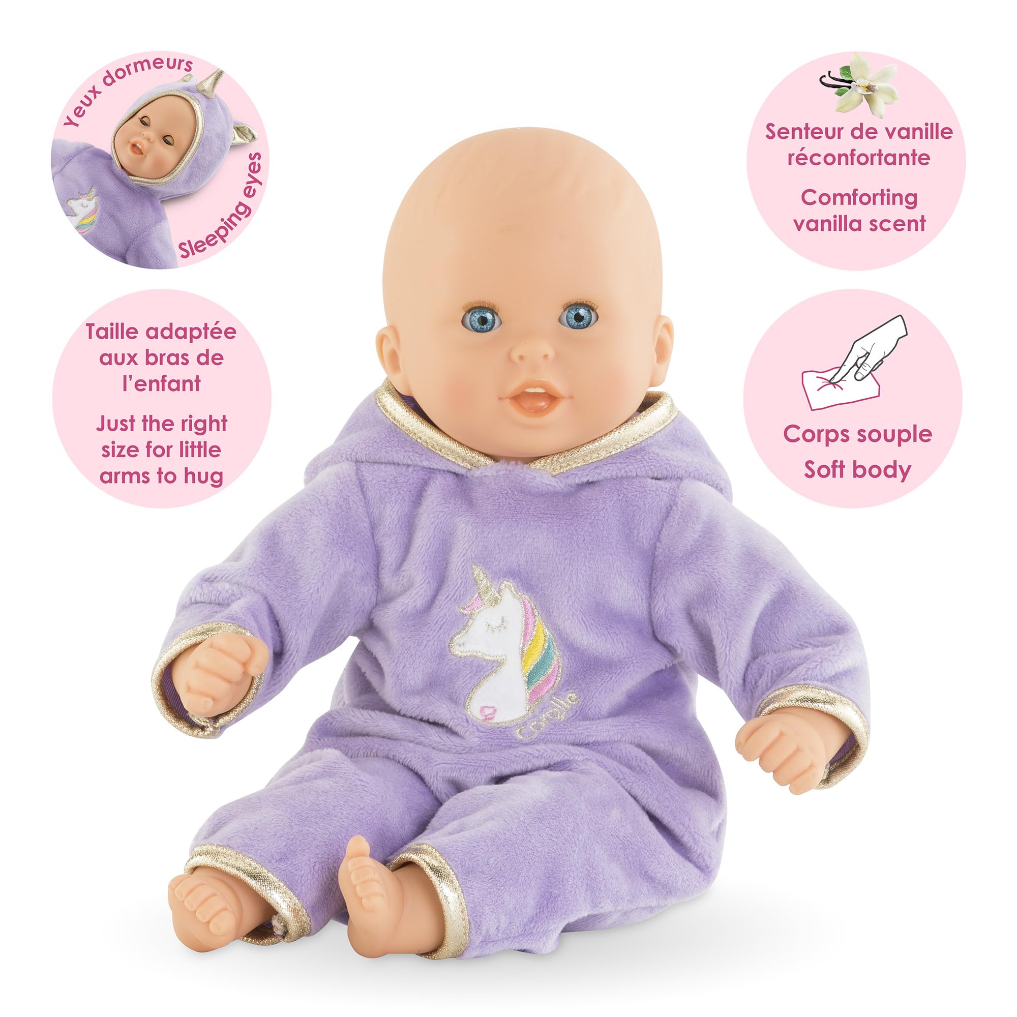 Corolle Bebe Calin in purple hooded outfit perfect for pretend dress-up