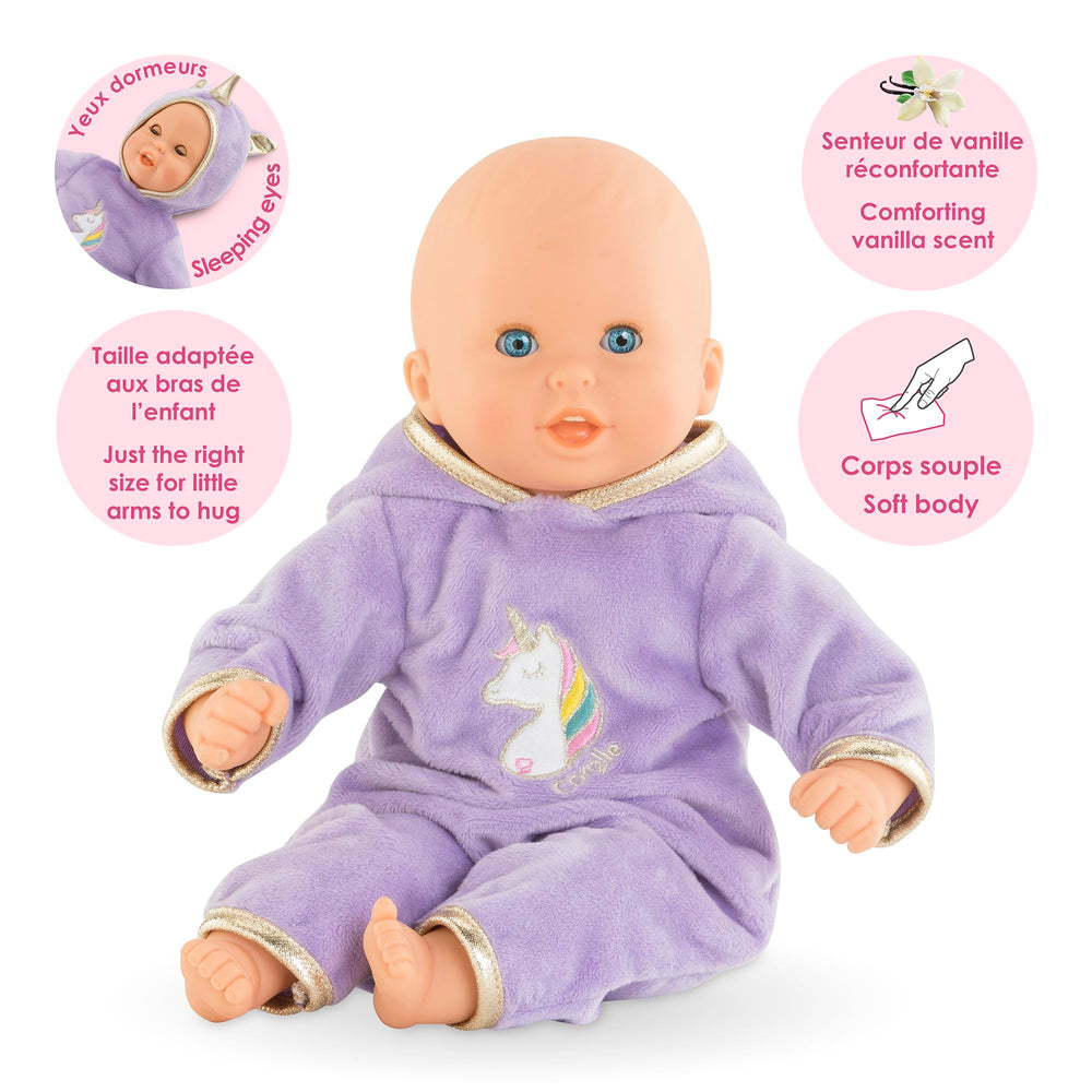 Corolle Bebe Calin in purple hooded outfit perfect for pretend dress-up