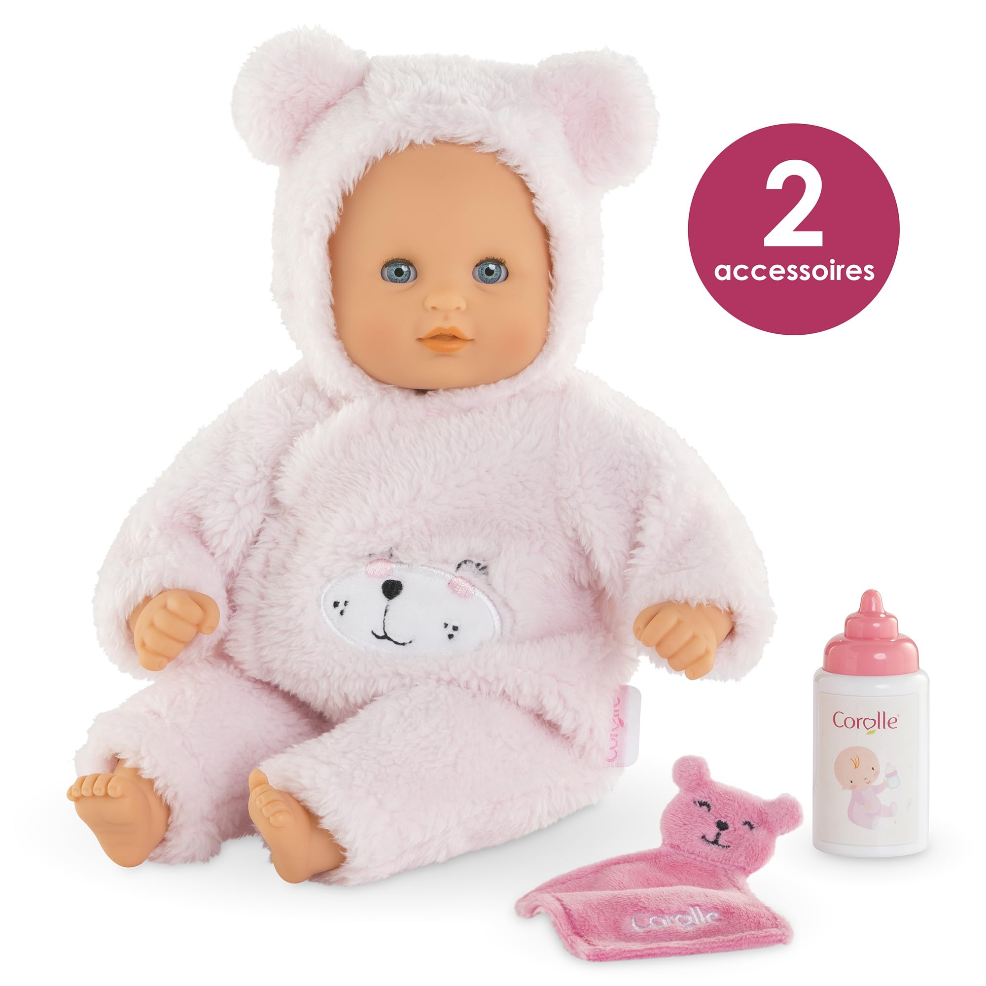 Corolle My First Cuddly Teddy Bear Doll measures 12 inches for toddler hands.