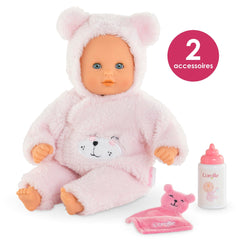 Corolle My First Cuddly Teddy Bear Doll measures 12 inches for toddler hands.