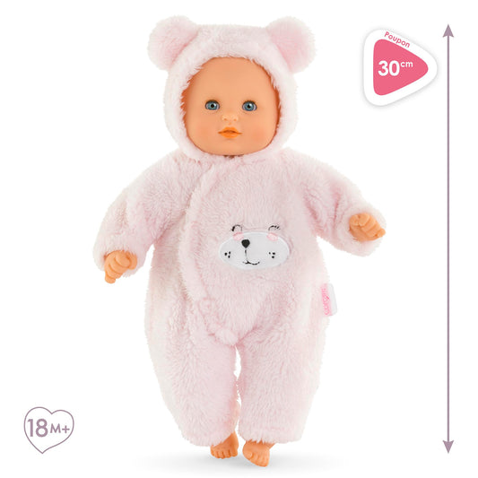 Corolle My First Cuddly Teddy Bear Doll in pink pajama set for cozy bedtime pretend.