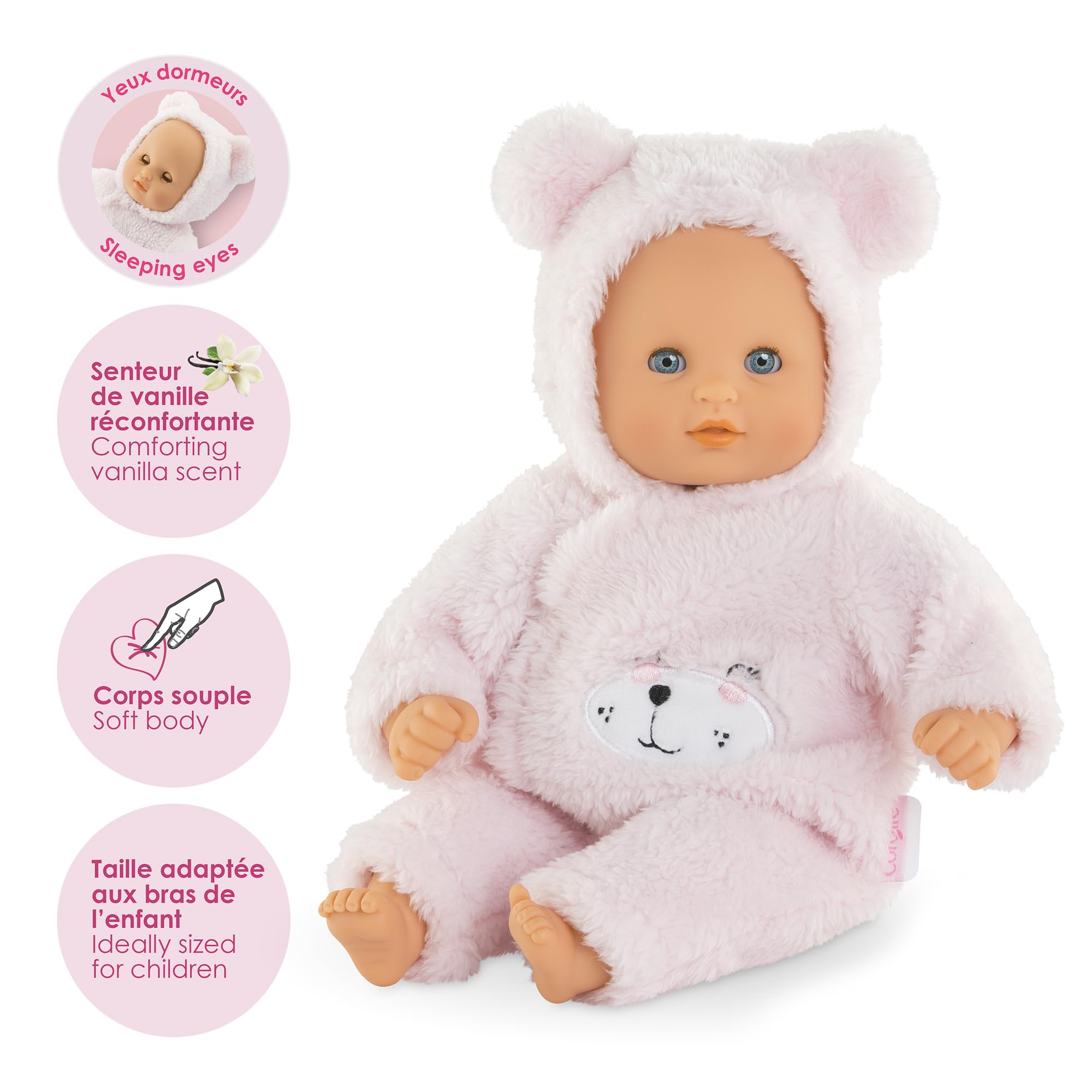 Corolle My First Cuddly Teddy Bear Doll with sleeping eyes for nurturing moments.