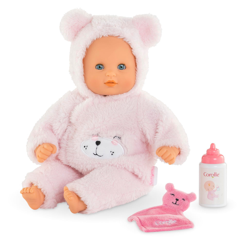 Corolle My First Cuddly Teddy Bear Doll with vanilla-scented face invites gentle, soothing play.