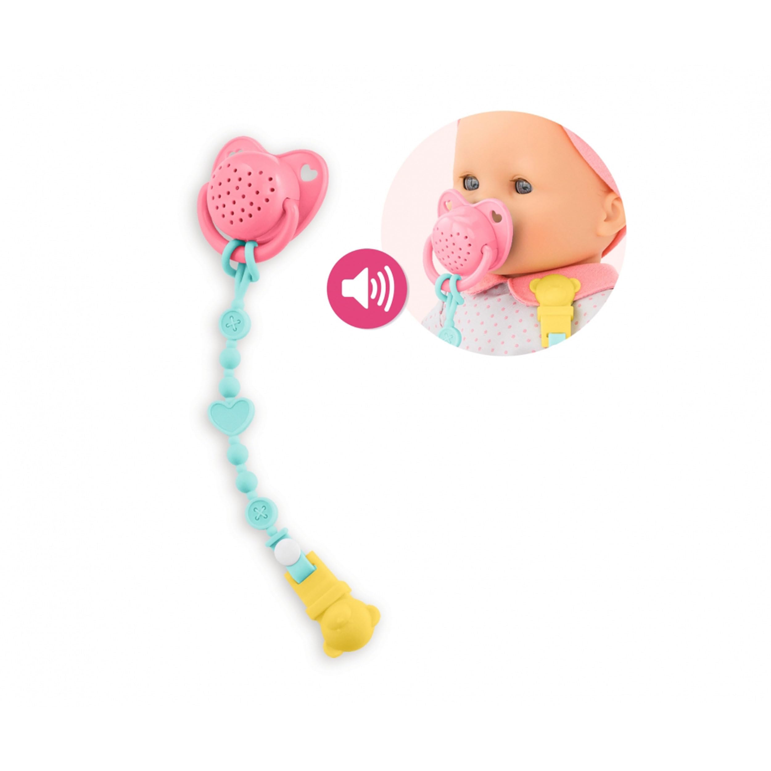 Corolle pacifier clip attached to doll clothing for secure access