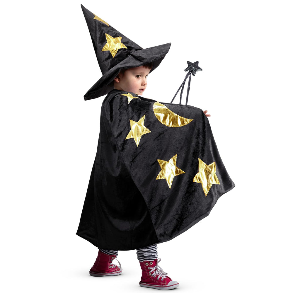 CosInStyle Kids Wizard Cape in black for imaginative play and Halloween costumes.