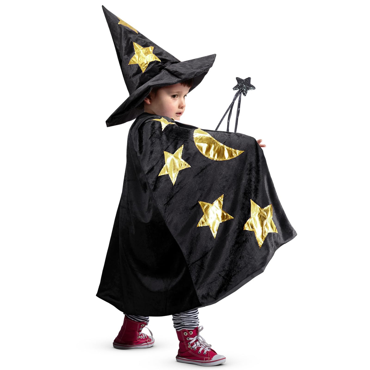 CosInStyle Kids Wizard Cape in black for imaginative play and Halloween costumes.