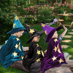 CosInStyle Kids Wizard Set including cape, hat, and wand for fun