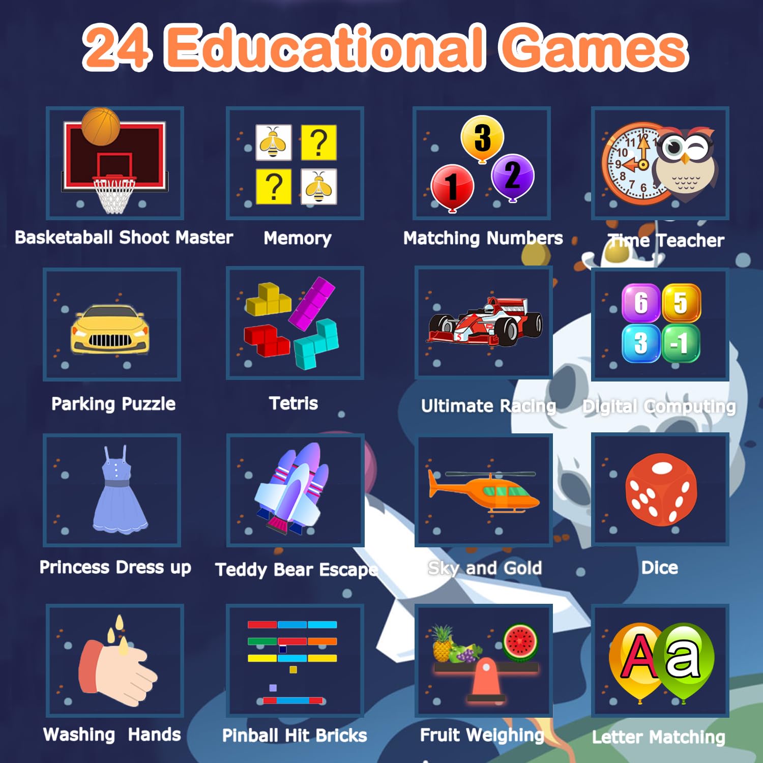 Cosjoype Kids Smart Watch games menu displaying 24 kid-friendly games