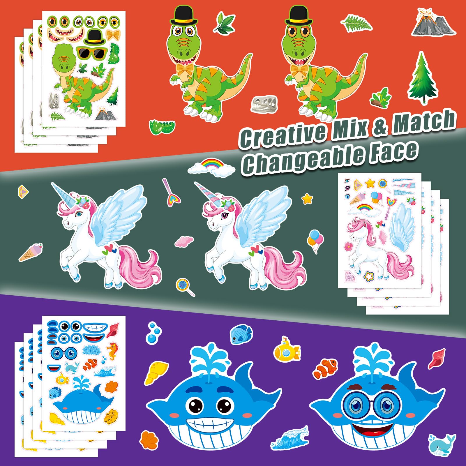 Cosomia unicorn, shark, and dinosaur eyes and mouths collage for expressive faces