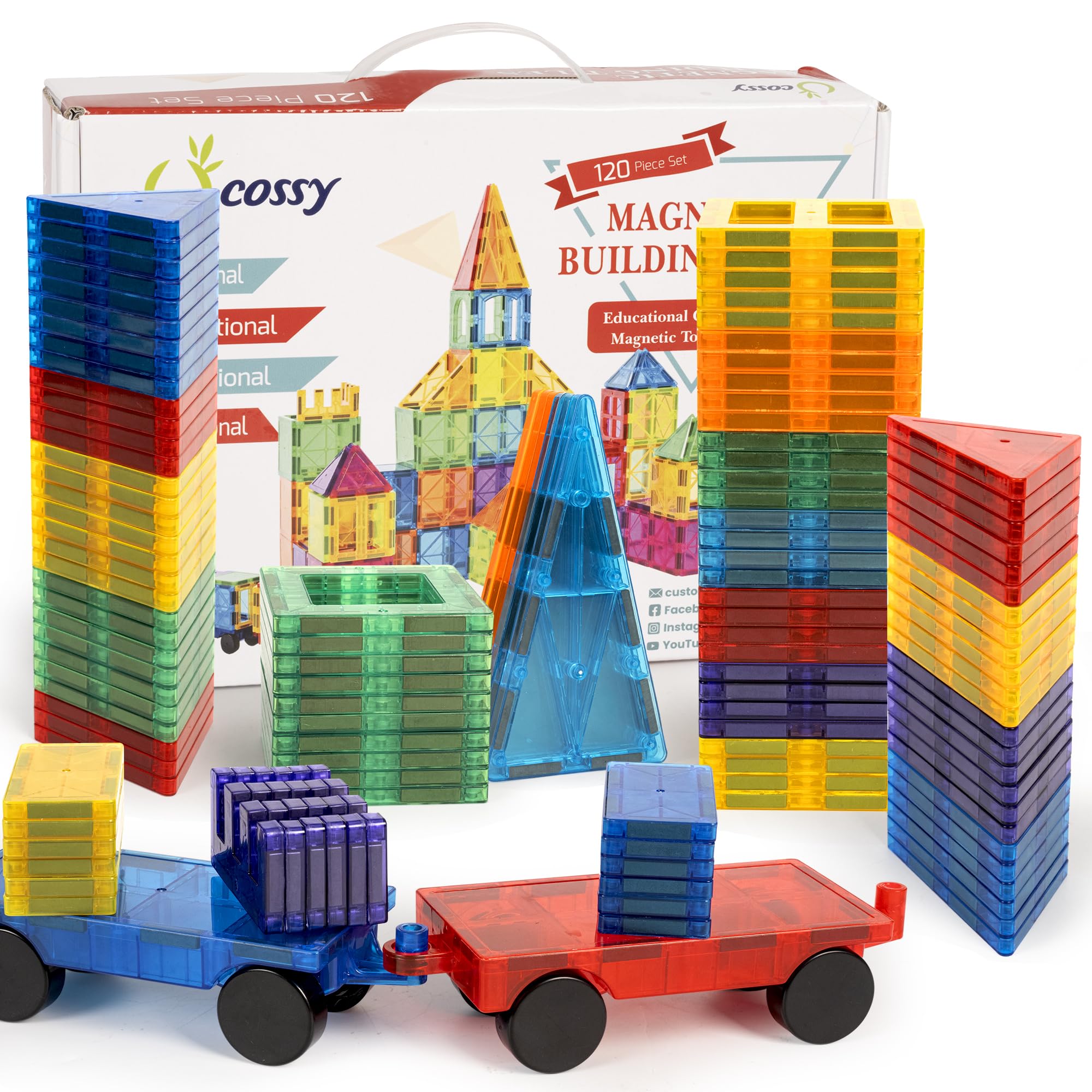 Cossy 120pcs magnetic tiles assembly set builds tall 3D structures and sparks creativity