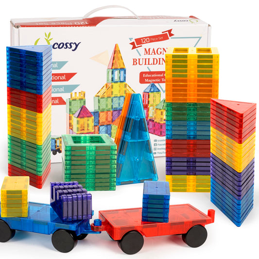 Cossy 120pcs magnetic tiles assembly set builds tall 3D structures and sparks creativity