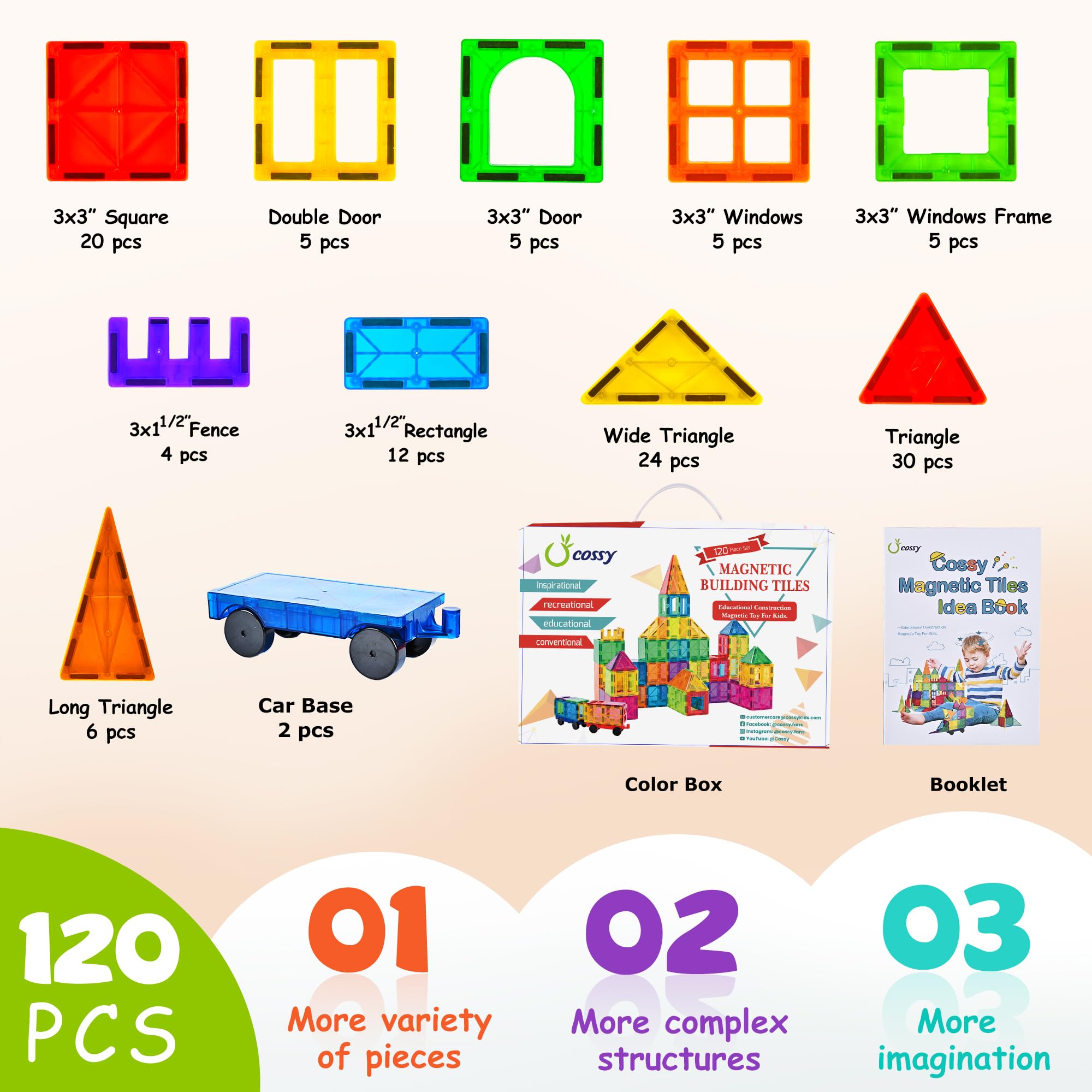Cossy 120pcs magnetic tiles ideal gift for 3+ kids to explore construction