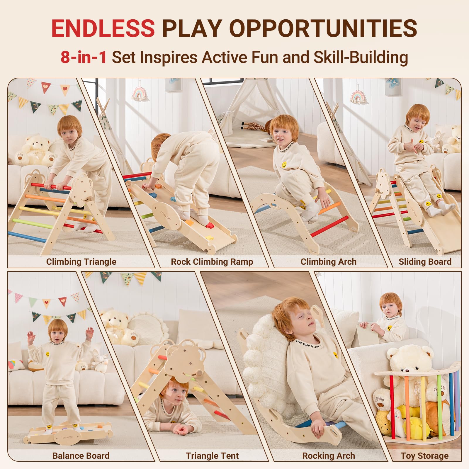 COSYLAND Pikler Triangle Set anti-tip arch supports safe exploration for toddlers