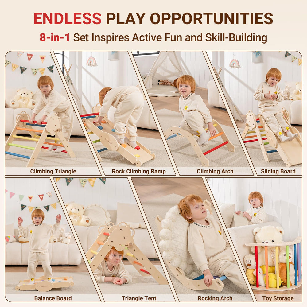 COSYLAND Pikler Triangle Set anti-tip arch supports safe exploration for toddlers