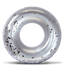 CoTa Global POZA silver confetti pool float angled view for vibrant pool parties