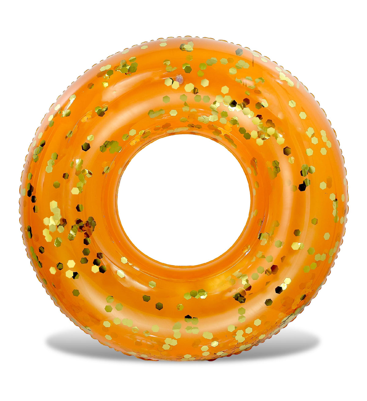 CoTa Global POZA orange gold confetti pool float viewed as a vibrant pool party centerpiece
