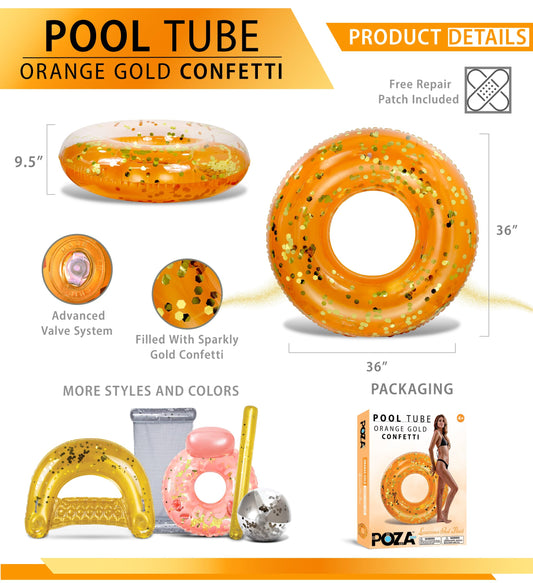 POZA orange gold confetti pool float with sparkling interior for festive pool days