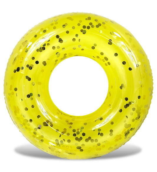 POZA yellow gold pool float with sparkly confetti for sunny pool days.