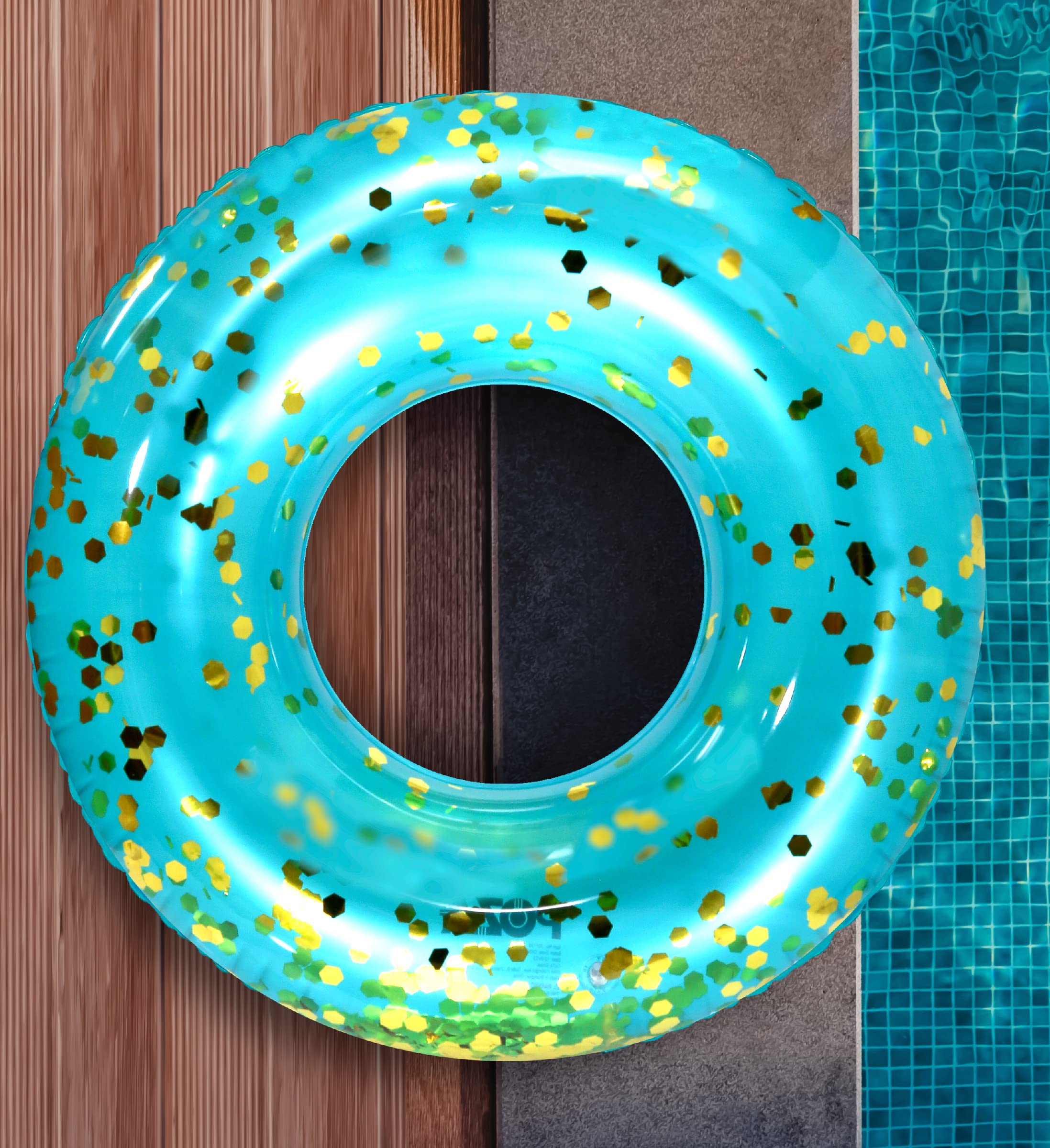 CoTa Global Blue Gold float waterline close-up shows glittering confetti detail
