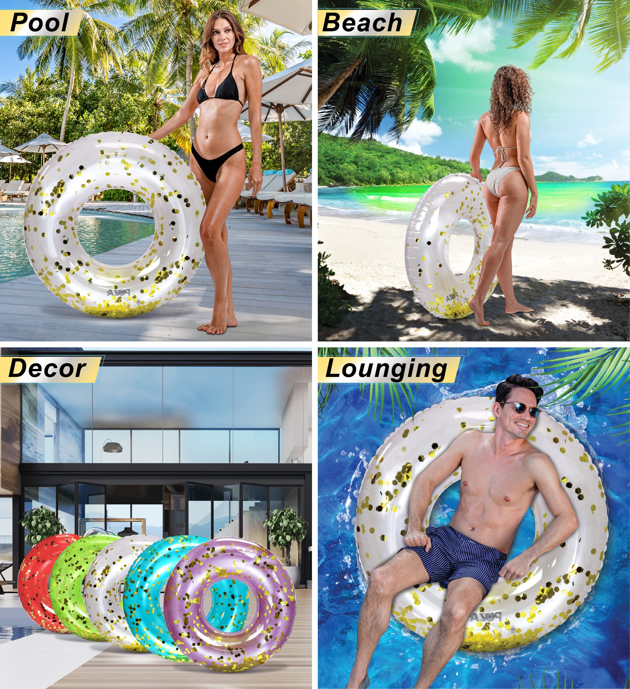 Large 36 inch pool ring keeps adults and kids comfortable in sun.