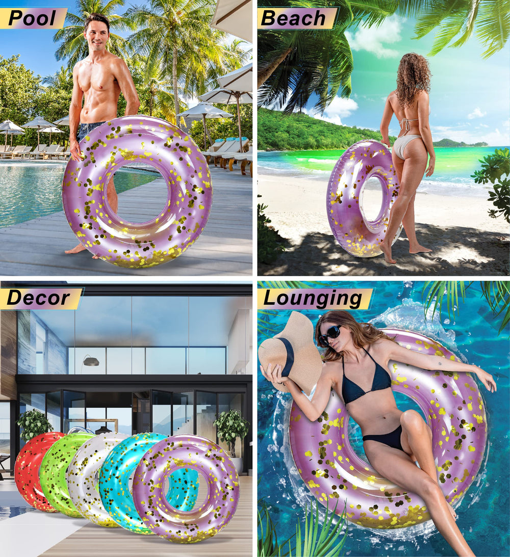 Purple Gold CoTa Global pool float on sunny beach or lake setting