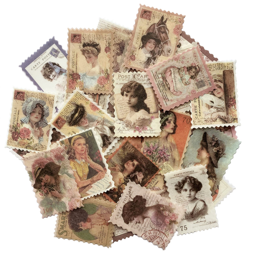 Cotrida 60pcs vintage postage stamp stickers on translucent washi paper for scrapbooking and journaling.