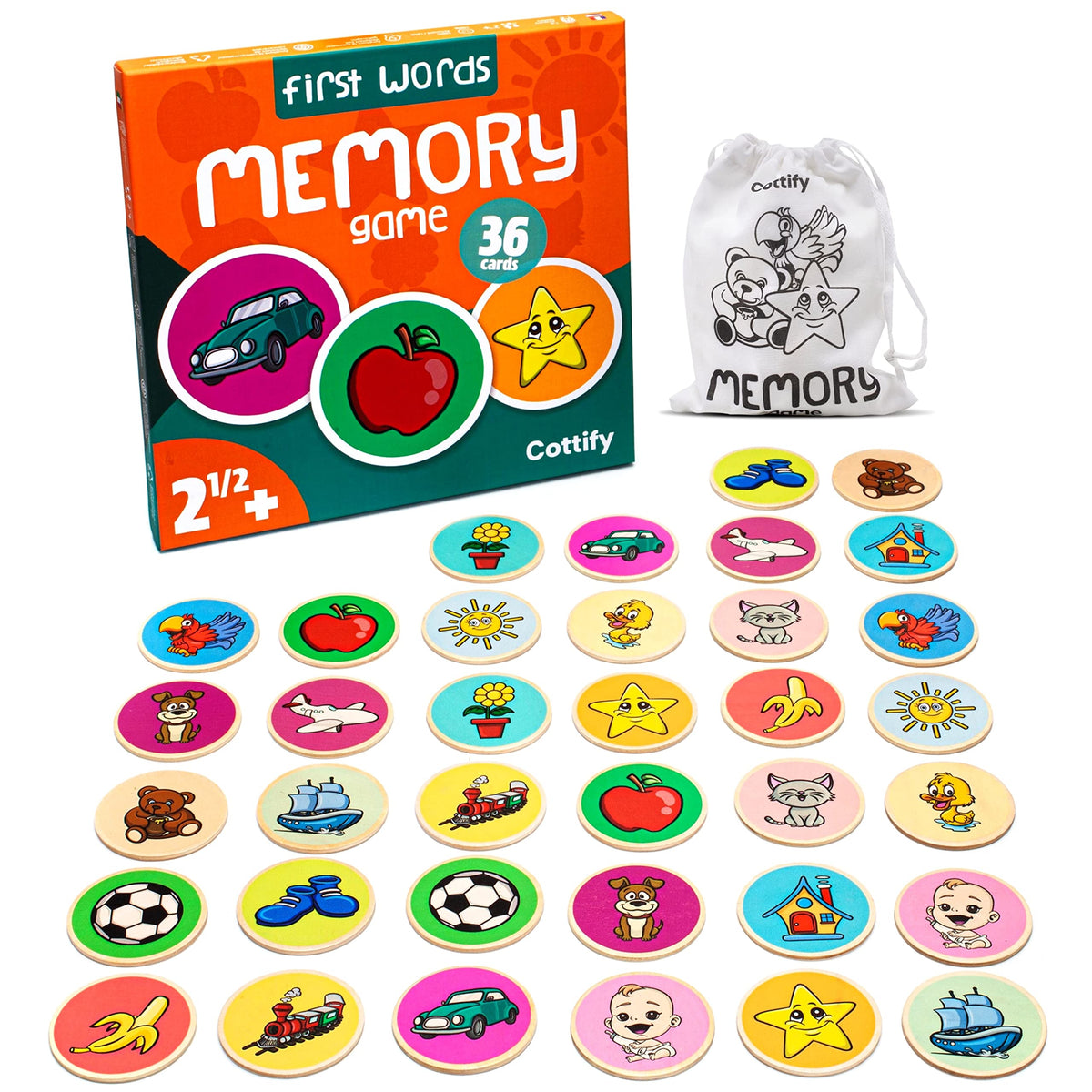 Cottify Montessori wooden memory cards, 36, for toddlers, durable design.