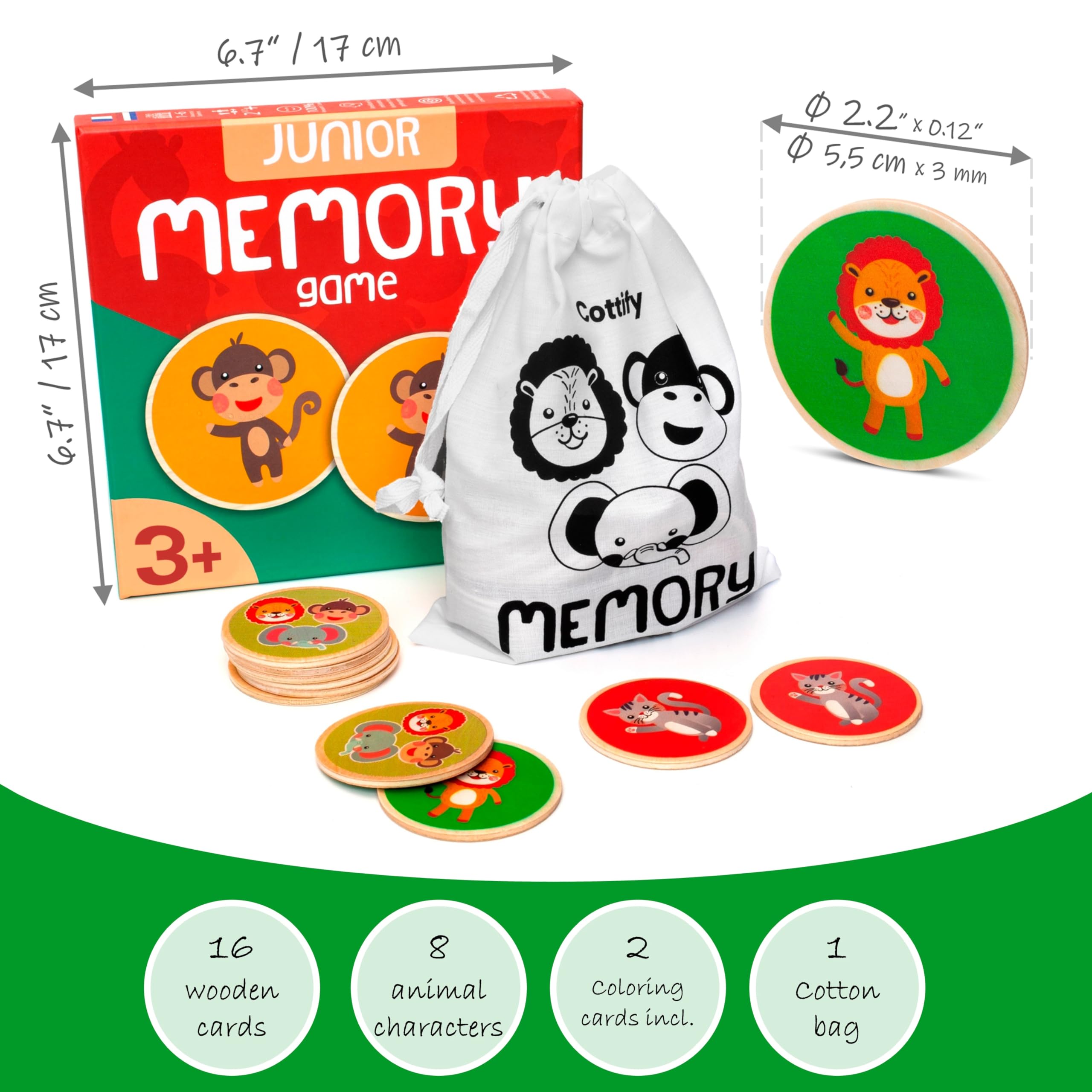 Cottify wooden memory game 16 cards with bright animal art