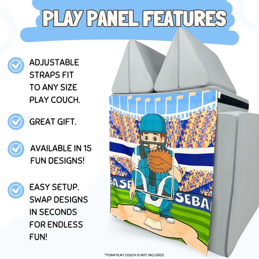 Couch Swag Baseball Play Panel with adjustable Velcro straps securing to most play couches