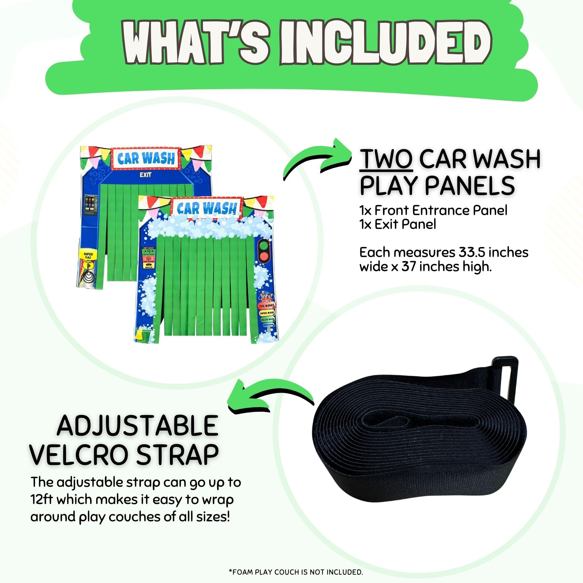Couch Swag Play Panel dimensions show a wide front panel for easy kid access.