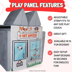 Couch Swag Vet Office Panel showing a pretend examination with plush animals and tools.