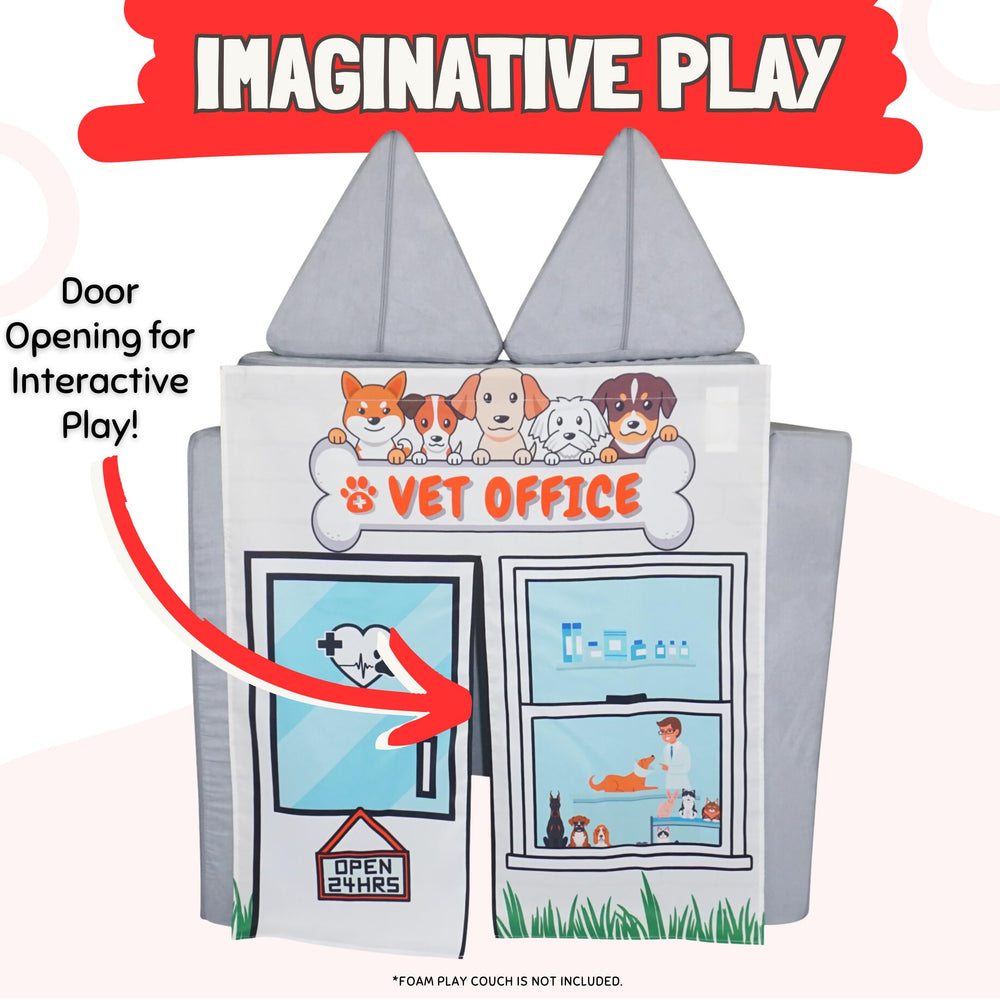 Couch Swag Vet Office Panel demonstrates easy, quick setup on a play couch.