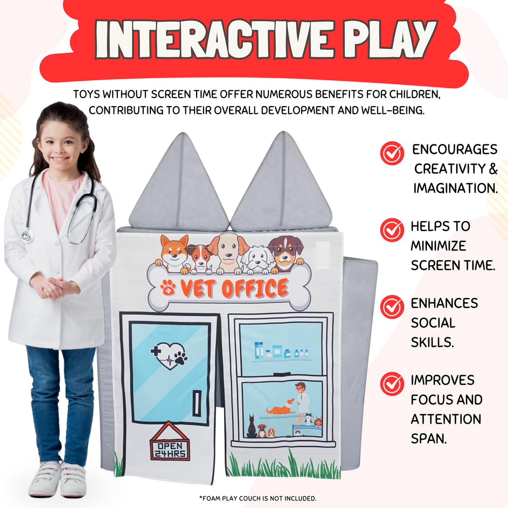 Couch Swag Vet Office Panel sparks imaginative play and language during pretend clinic sessions.