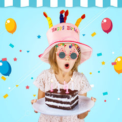 Coume birthday cake shaped hat with candles for height