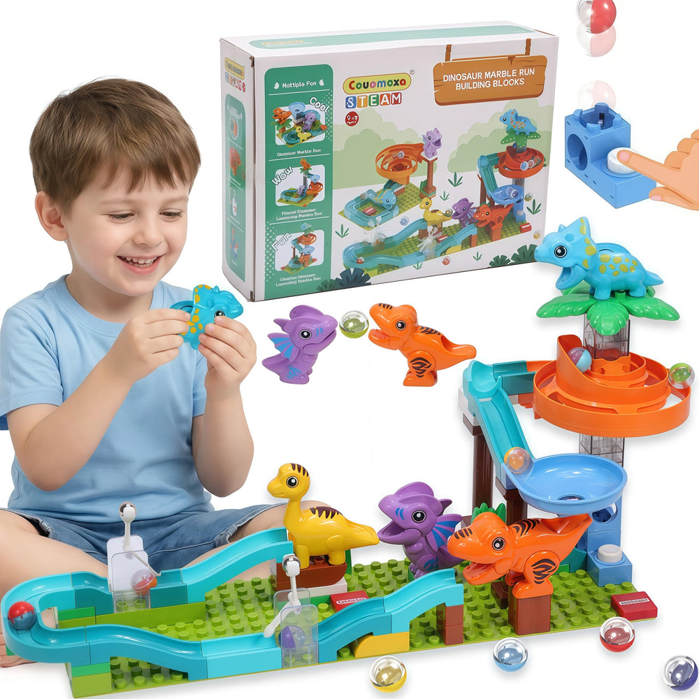 COUOMOXA dinosaur marble run tracks promote spatial thinking during play.