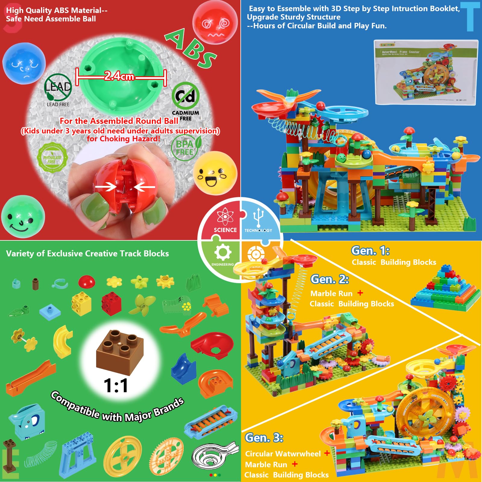COUOMOXA Marble Run gear lift module showcasing simple mechanism learning