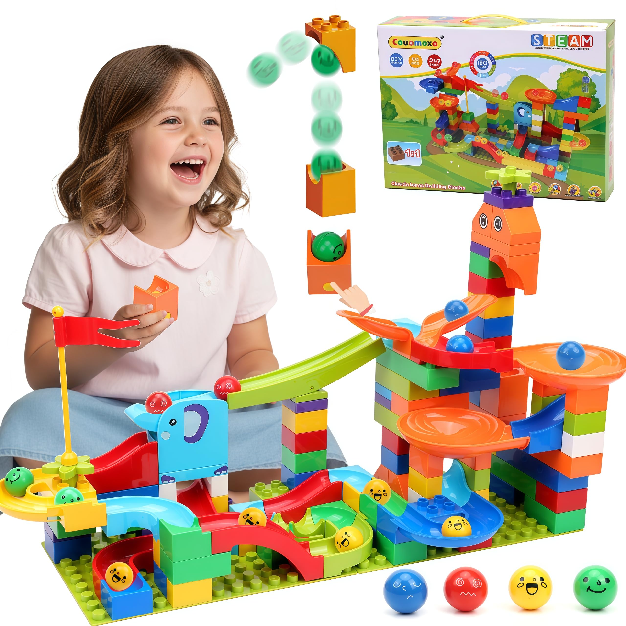 COUOMOXA marble run launcher for dynamic play and early STEM skill development.