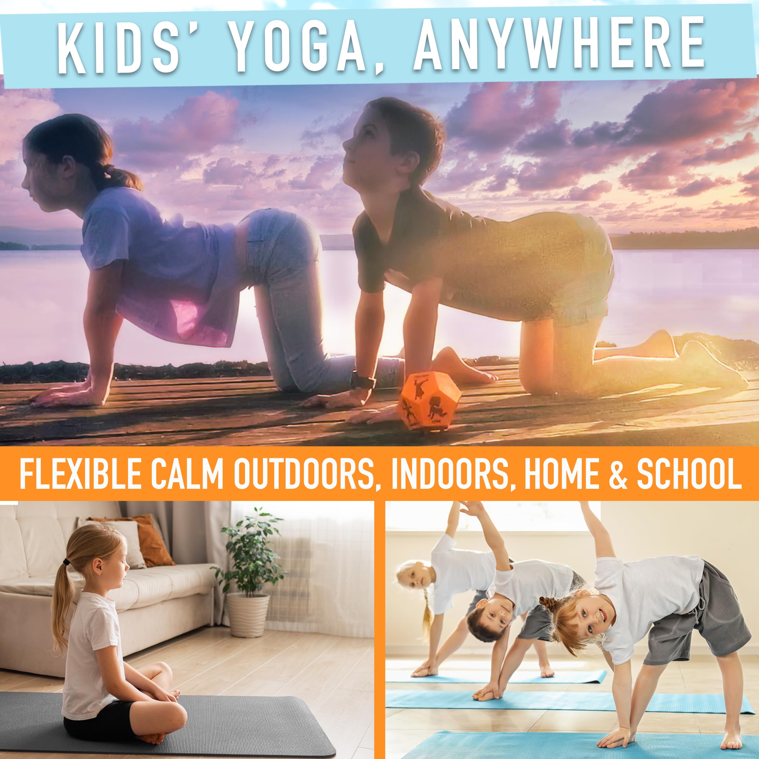 Covelico Yoga Dice cow pose: kid-friendly stretch to improve posture.