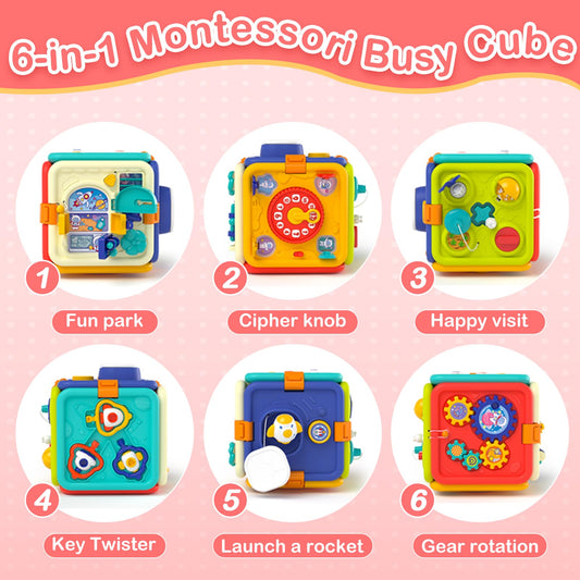 Covsen Montessori Busy Cube: pressing buttons enhances fine motor skills during hands-on exploration