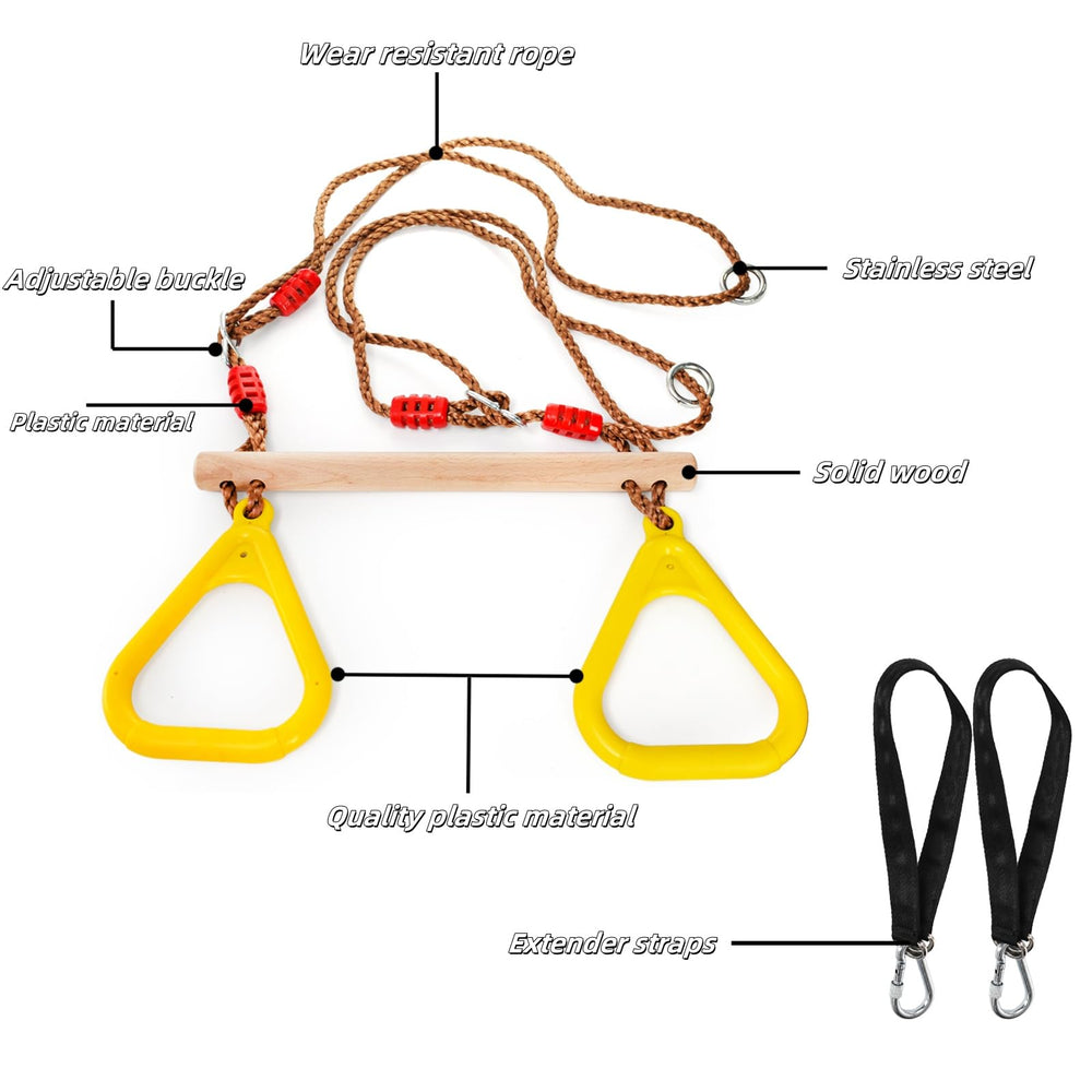 Kids enjoying active play on Covzoe trapeze bar attached to a frame.