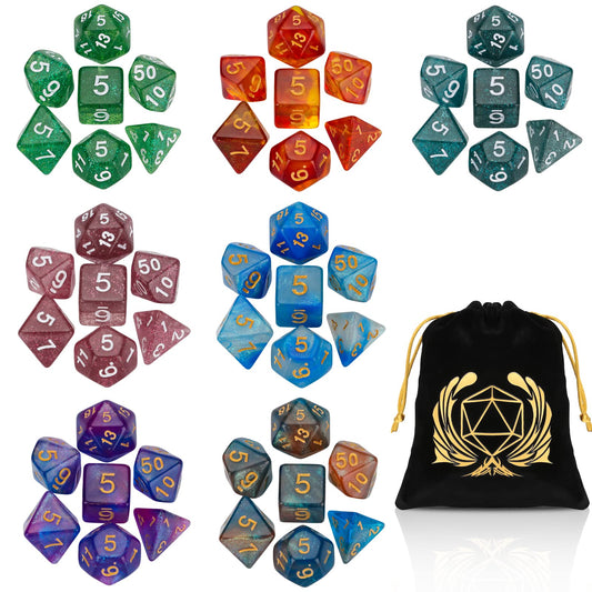 Coyeekn 7x7 polyhedral dice set arranged for tabletop RPG sessions.