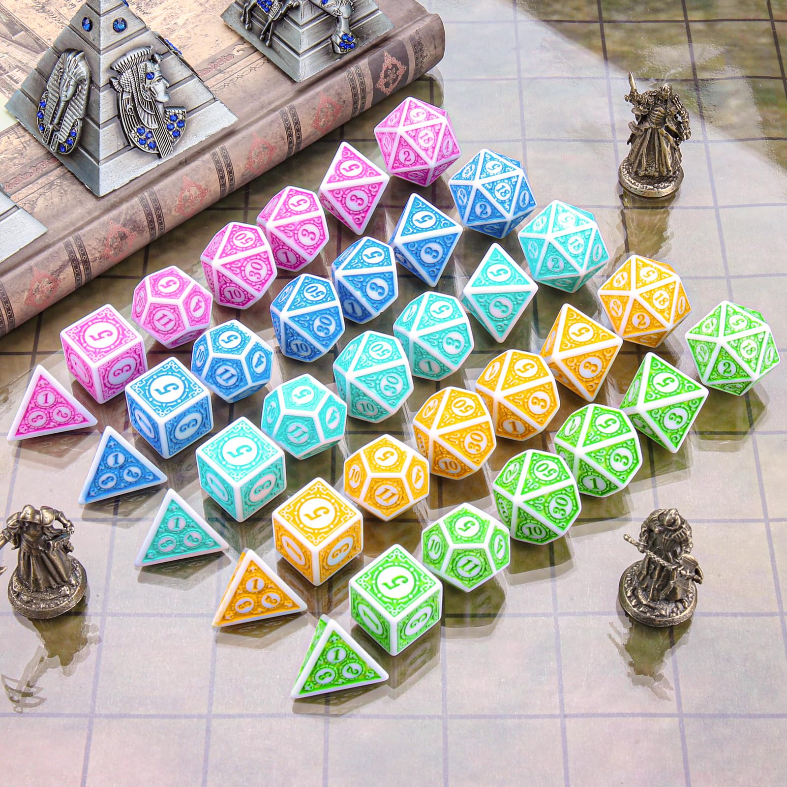Coyeekn dnd dice close-up reveals retro carved design and bold numerals.