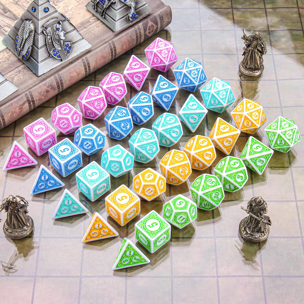 Coyeekn dnd dice close-up reveals retro carved design and bold numerals.